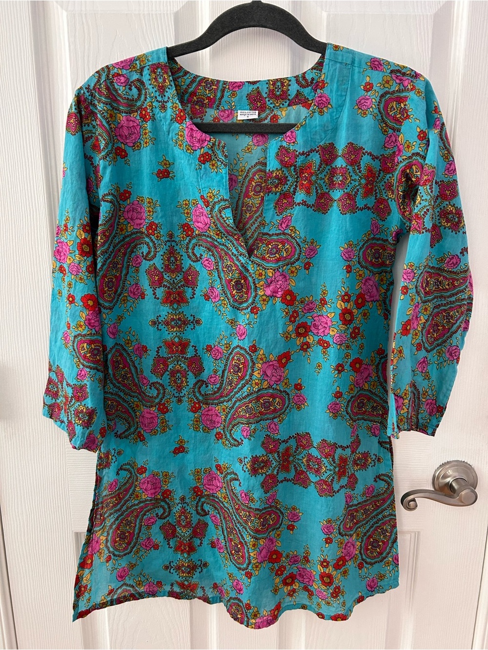 Cotton Turquoise Paisley Floral Tunic Swim Coverup